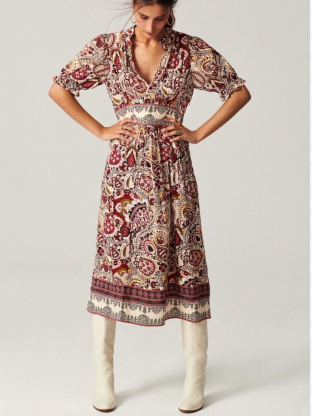 BA&SH Zael paisley bohemian balloon sleeve midi dress US SZ 2